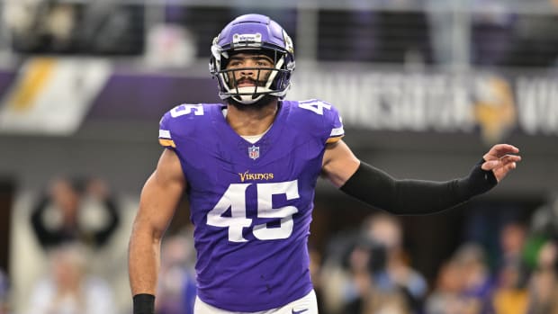 Nov 12, 2023; Minneapolis, Minnesota, USA; Minnesota Vikings linebacker Troy Dye (45) reacts late during the fourth quarter against the New Orleans Saints at U.S. Bank Stadium.